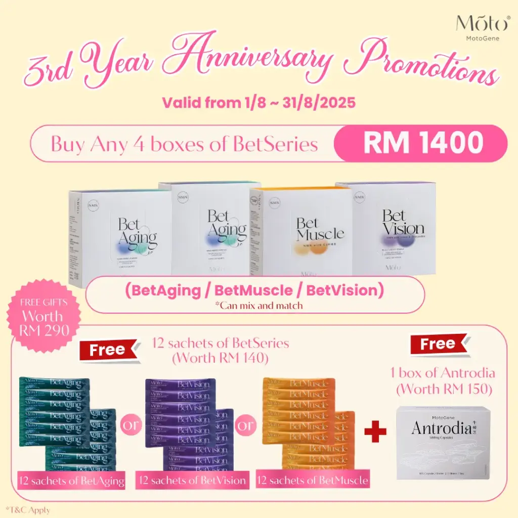 3rd Year Anniversary 2025 - Buy 4 boxes of BetSeries Free 12 sachets BetSeries + 1 Box Antrodia