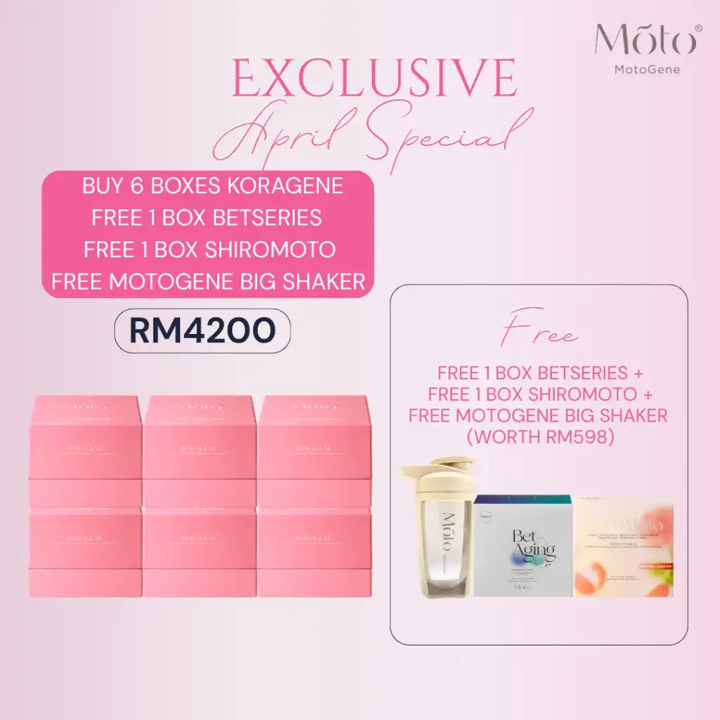 Buy 6 boxes KoraGene + Free 1 box BetSeries + Free 1 box ShiroMoto + Free big shaker 