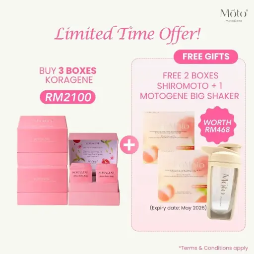 Buy 3 boxes KoraGene Free 2 boxes ShiroMoto + 1pc Big Shaker (RM2100)