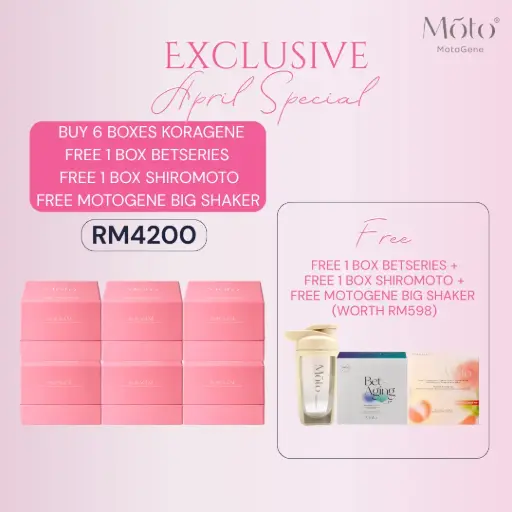 Buy 6 boxes KoraGene + Free 1 box BetSeries + Free 1 box ShiroMoto + Free big shaker 