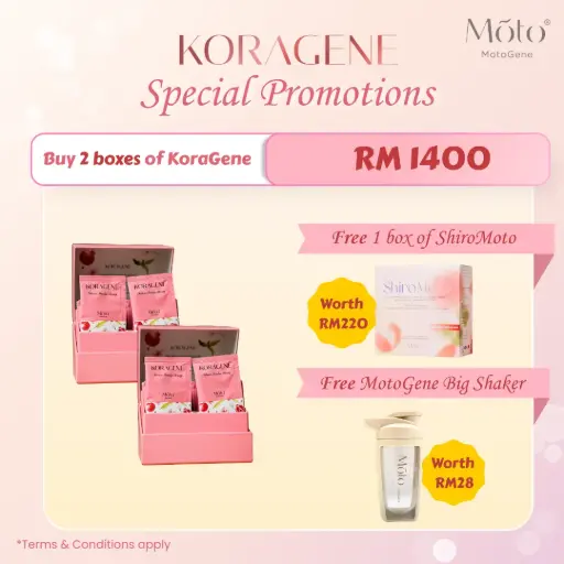 (Promo) Buy 2 boxes of KoraGene + Free 1 box of ShiroMoto + Free MotoGene Big Shaker