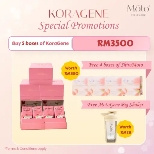 (Promo) Buy 5 boxes of KoraGene + Free 4 boxes of ShiroMoto + Free MotoGene Big Shaker