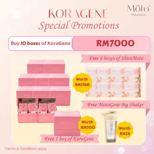 (Promo) Buy 10 boxes of KoraGene + Free 1 box of KoraGene + Free 8 boxes of ShiroMoto + Free MotoGene Big Shaker