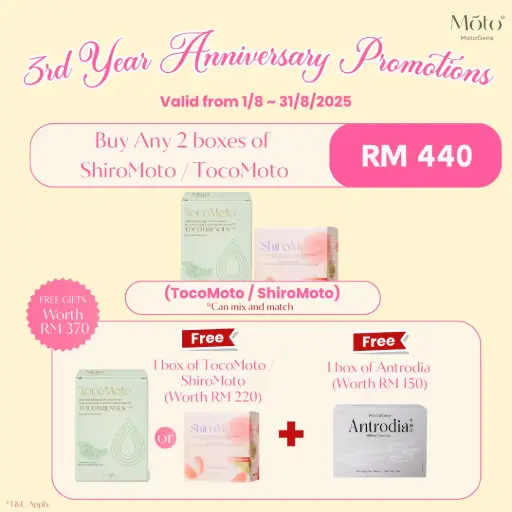 3rd Year Anniversary 2025 - Buy any 2 boxes of ShiroMoto/TocoMoto Free 1 Box of ShiroMoto/TocoMoto + 1 Box of Antrodia