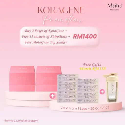 Limited Time Promotion - Buy 2 boxes of KoraGene + Free 15 sachets of ShiroMoto + Free MotoGene Big Shaker 