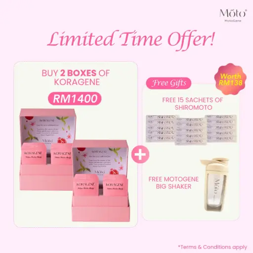 Buy 2 boxes of KoraGene + Free 15 Sachets of ShiroMoto + Free MotoGene Big Shaker (November-December '25)