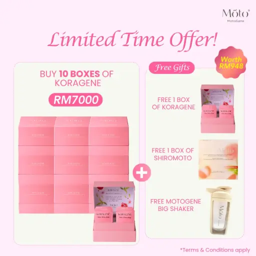 Buy 10 boxes of KoraGene + Free 1 box of KoraGene + Free 1 box of  ShiroMoto+ Free MotoGene Big Shaker (November-December '25)